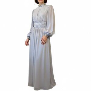 VTG 60s 70s Gray Sequin Maxi Dress High Neck Bishop Sleeve Union Made Small